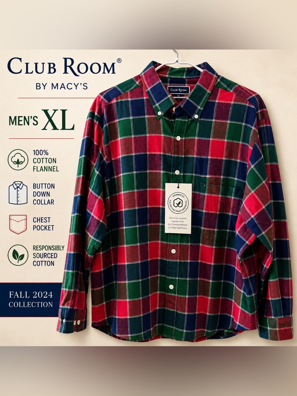 NWT Club Room Men’s XL Plaid Flannel Button Down Shirt 100% Cotton FA24